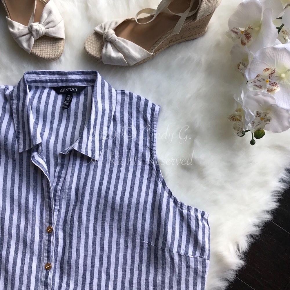 Linen Striped Button Down Sleeveless Blouse